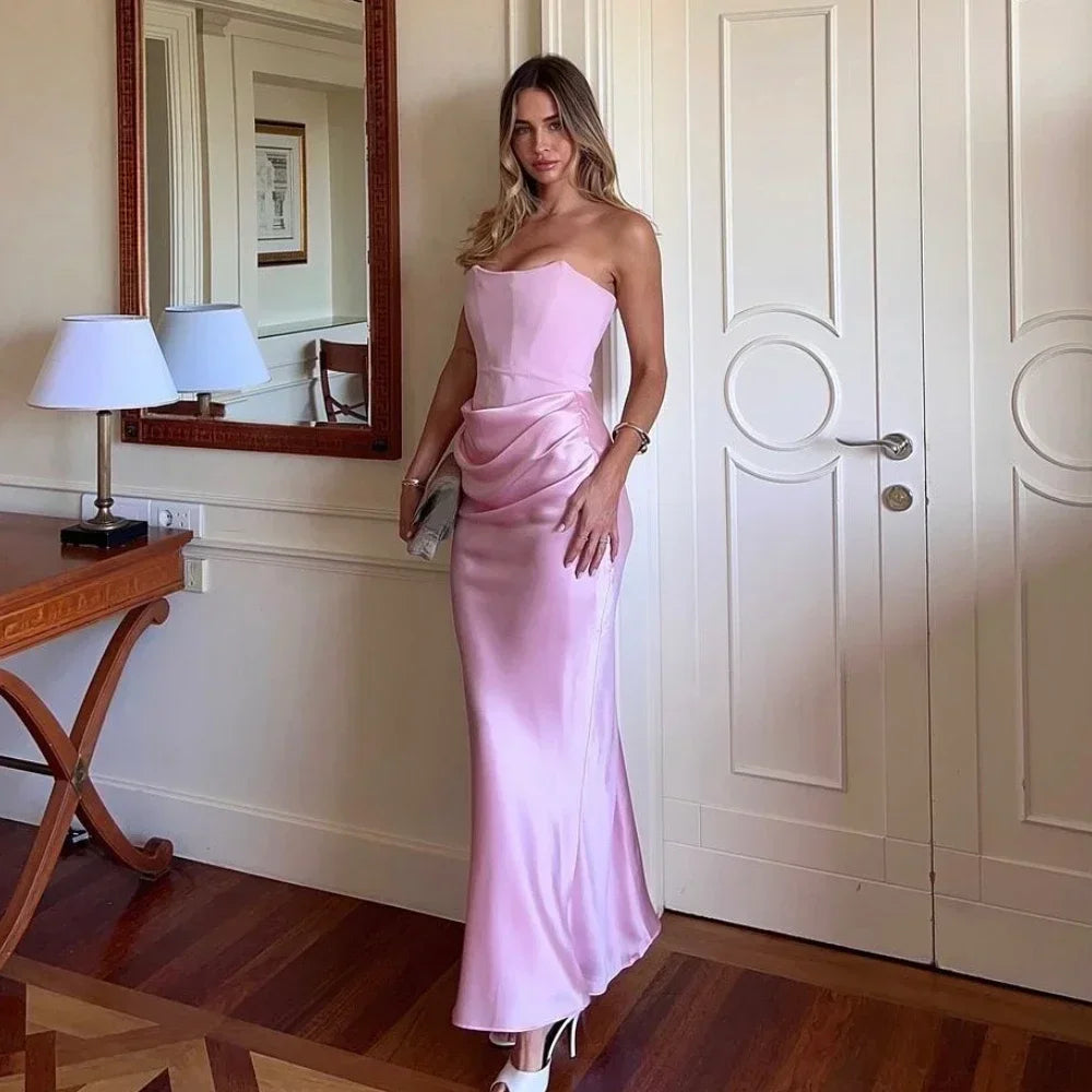 Strapless Pink Satin Corset Silk Dress
