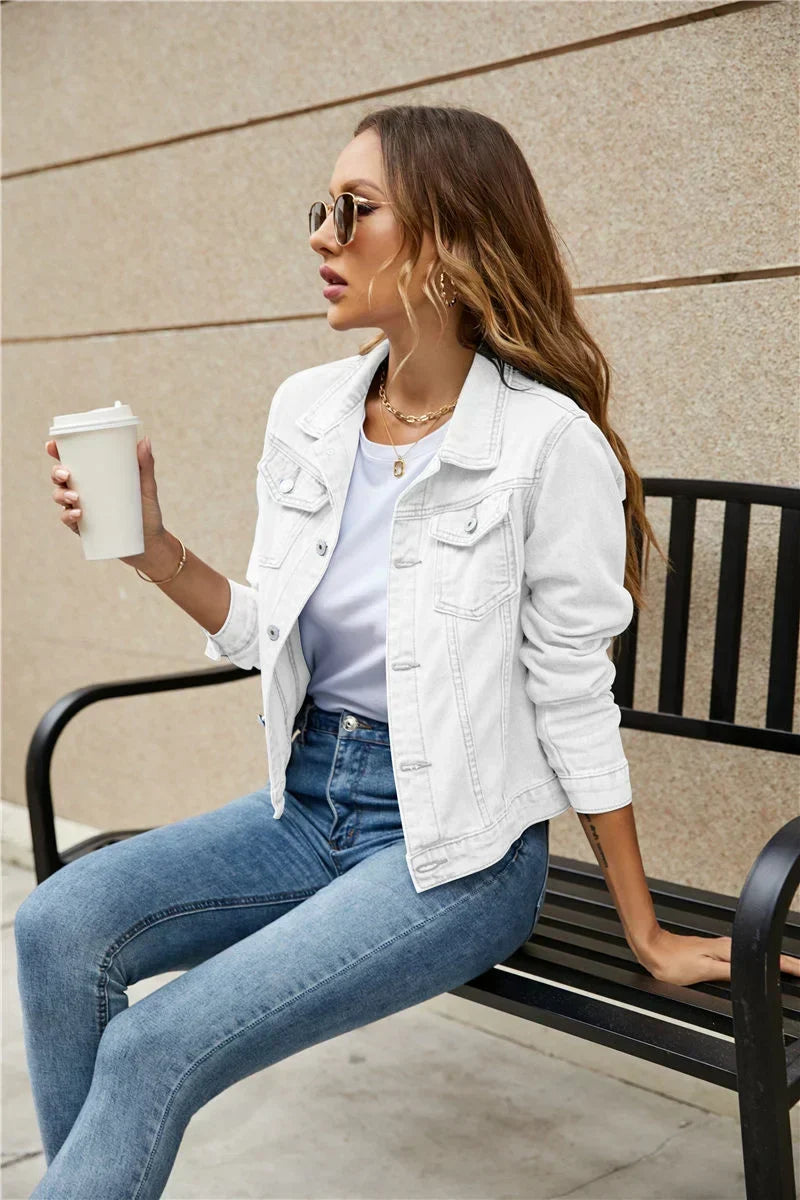 Button Front Long Sleeve Collared Denim Jacket