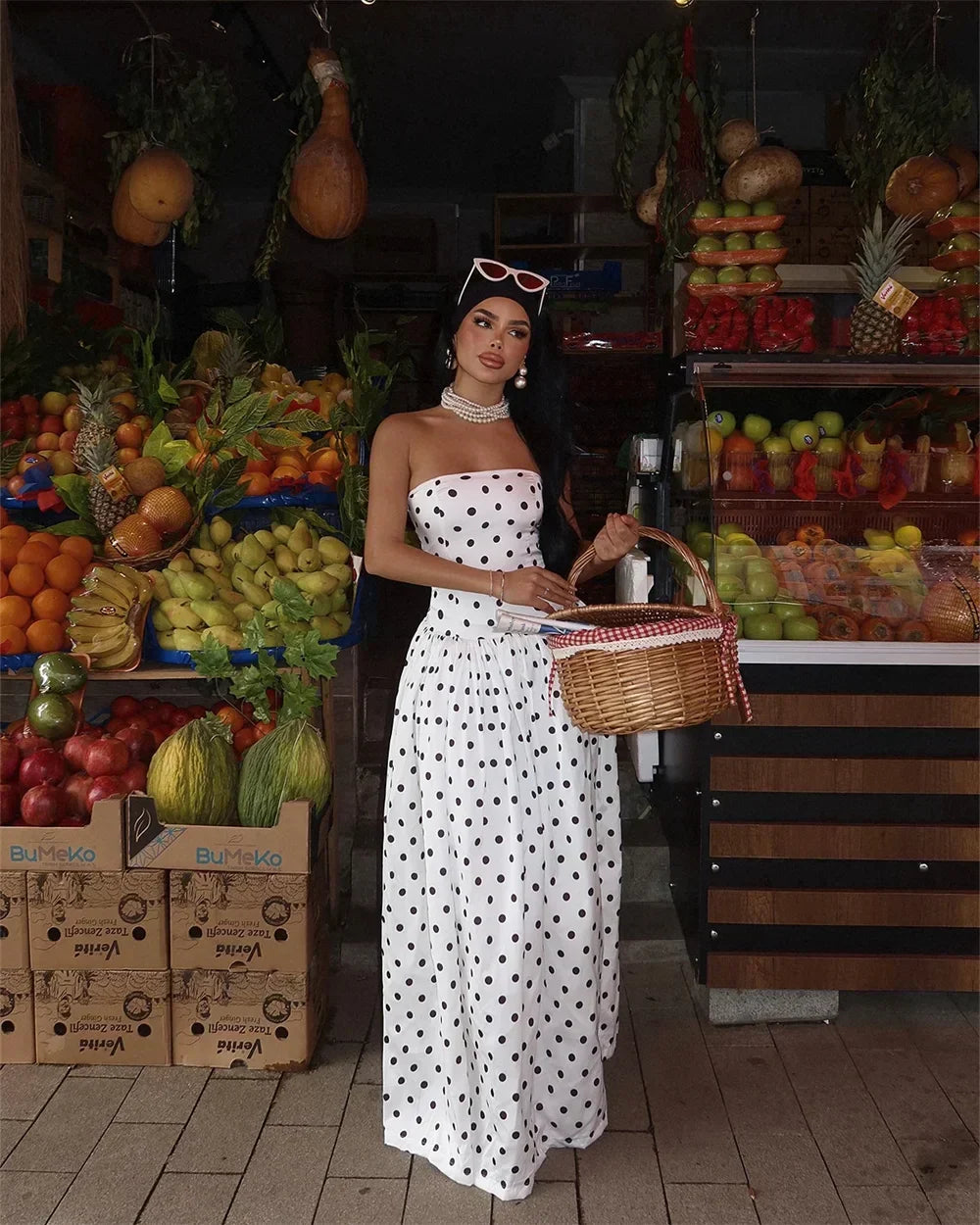 Polka Dot Strapless Gathered Waist A-Line Maxi Dress