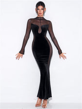 O Elegant Arm Dresses Fashion Full-Length Through Fall Party Gown Club Neck for Outfits Sexy - Long Mesh Patchwork See Women