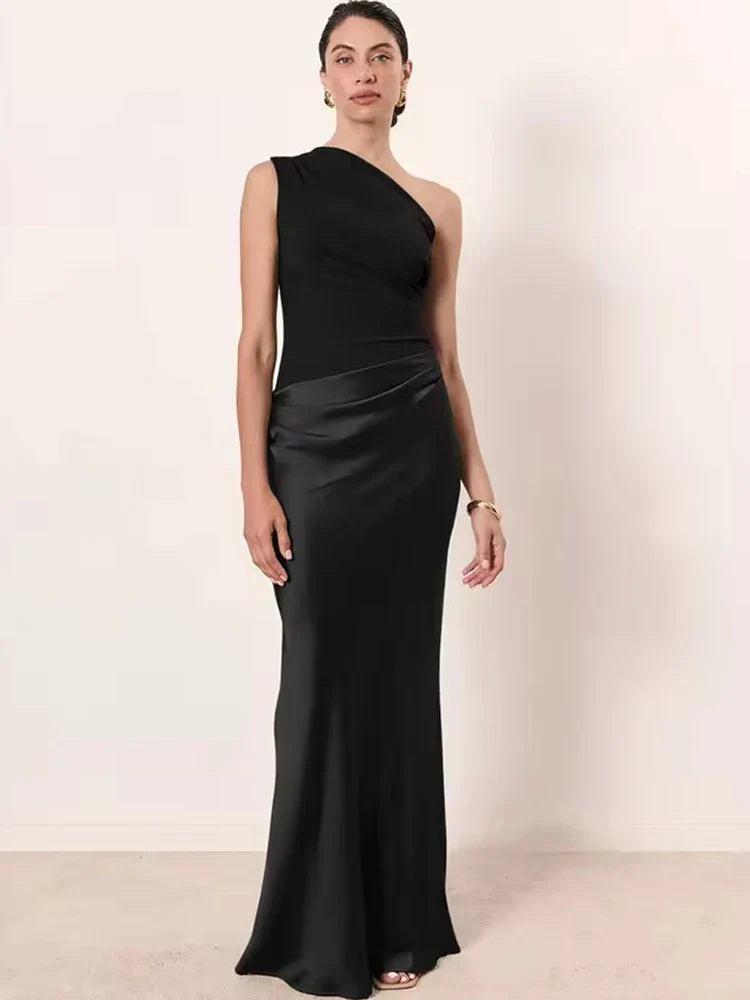 PAULINA SATIN ONE SHOULDER DRESS Black
