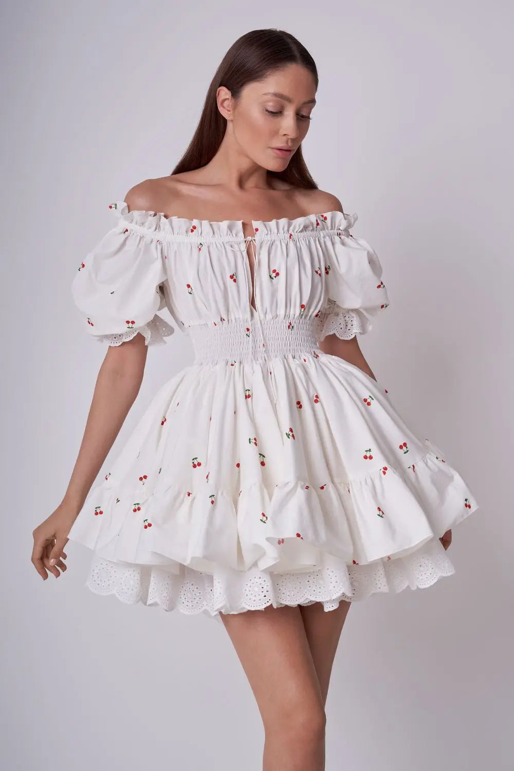 Print Puff Sleeve Ruffles Lace - up Mini Dress