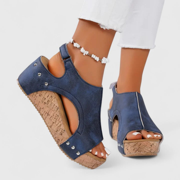 Open Toe Cut Out Ankle Strap Cork Wedge Sandals