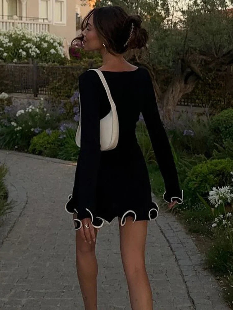 Boat Neck Long Sleeve Scallop Trim Ruffle Hem Bodycon Mini Dress