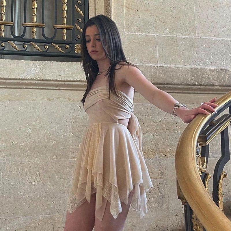 Sheer Mesh Bandeau Cut Out Lace Trim Handkerchief Hem Mini Dress 7