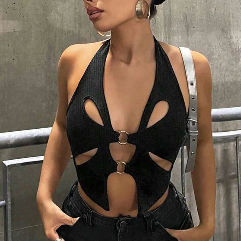 Sexy Backless Y2K Black Asymmetrical Slim Cami Top