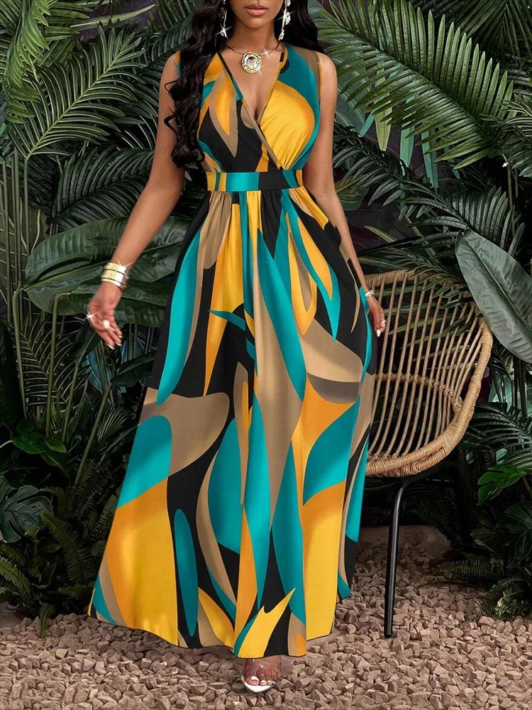 V-Neck Sleeveless Abstract Print Maxi Dress 4