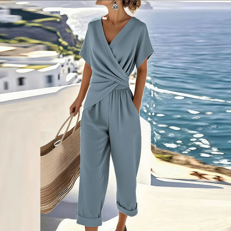 Wrap V-Neck Short Sleeve Twist Front Cropped Jumpsuit