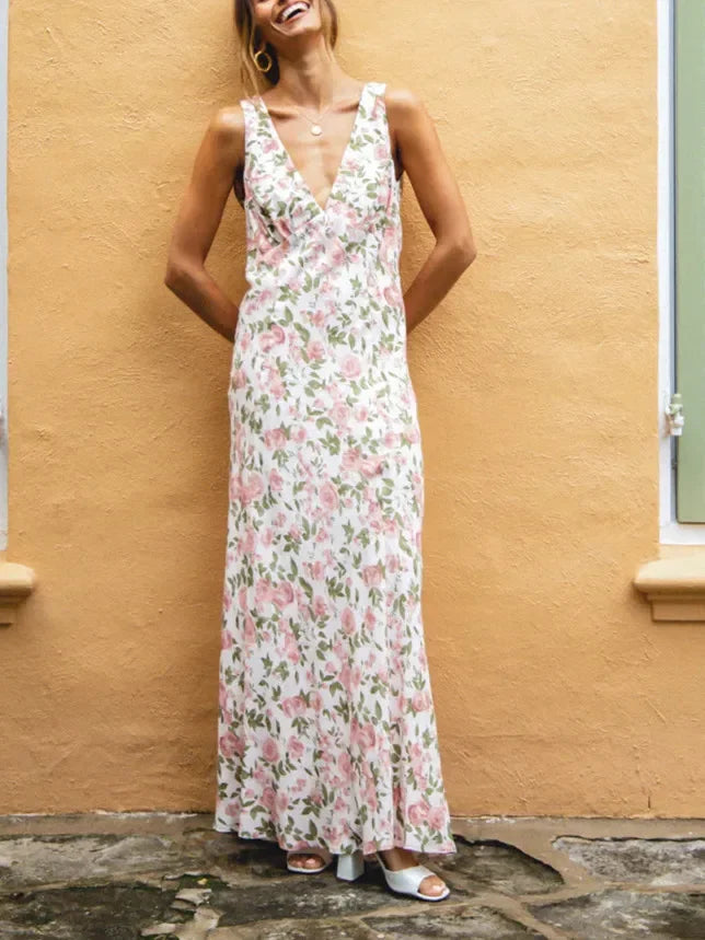 V-neck Lace-up Sleeveless Floral Dress 6