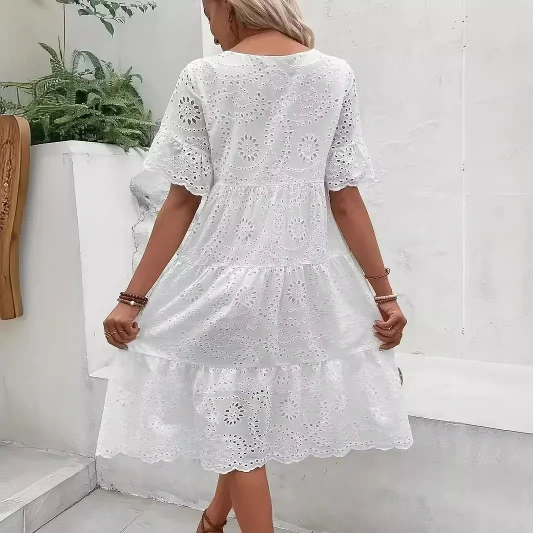 Eyelet Round Neck Flutter Sleeve Tiered Midi Dress 5
