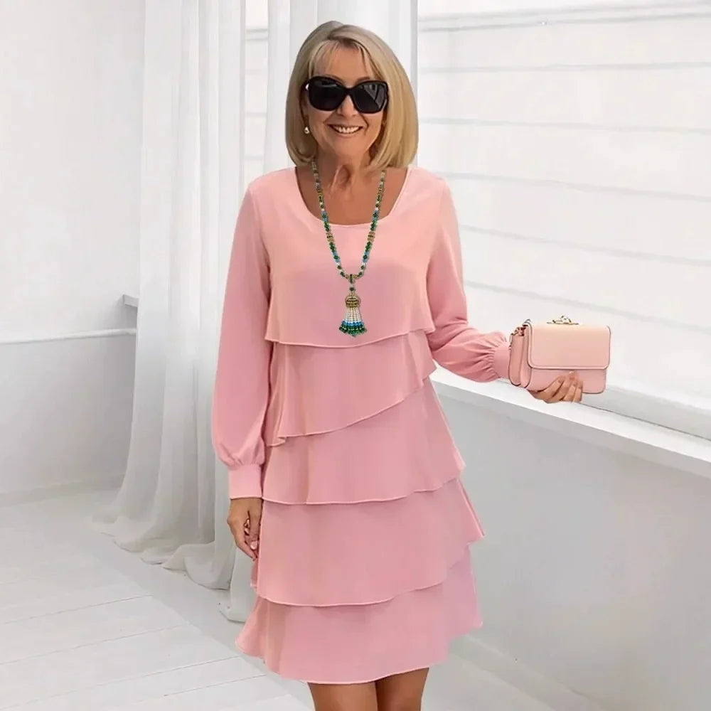 Round Neck Long Sleeve Tiered Ruffle Midi Dress