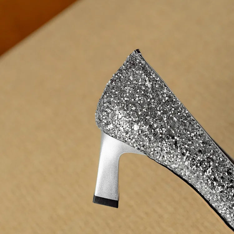 Pointed Toe Glitter Rhinestone Buckle Block Heel Pumps
