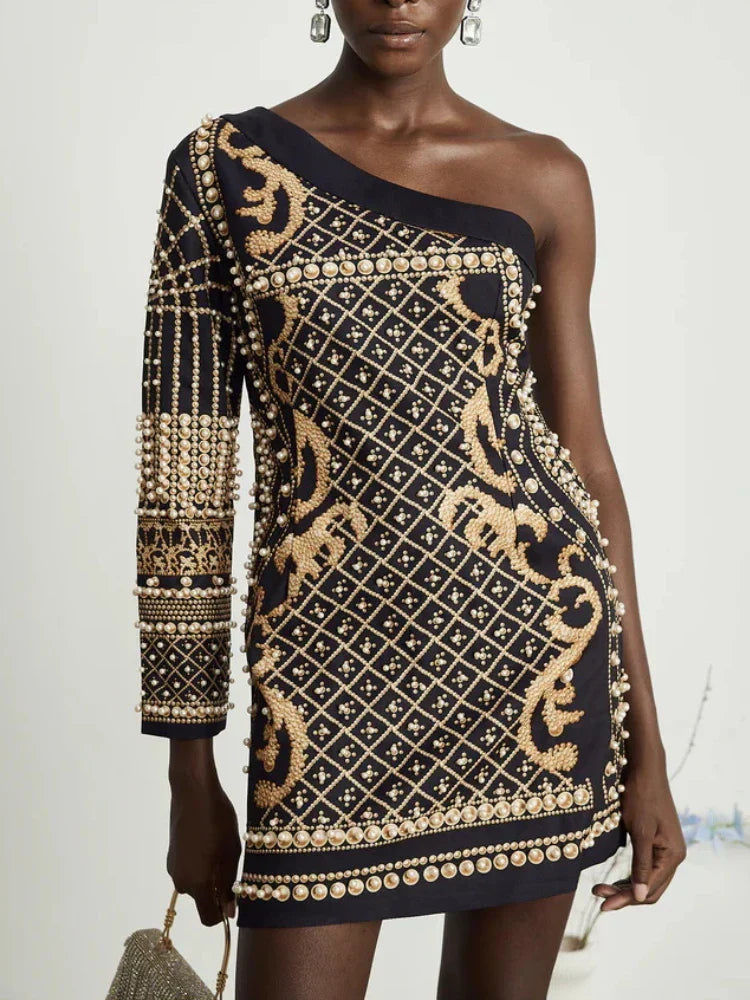 Printed Diagonal Neck Off One - Shoulder Patchwork Bead Dress
