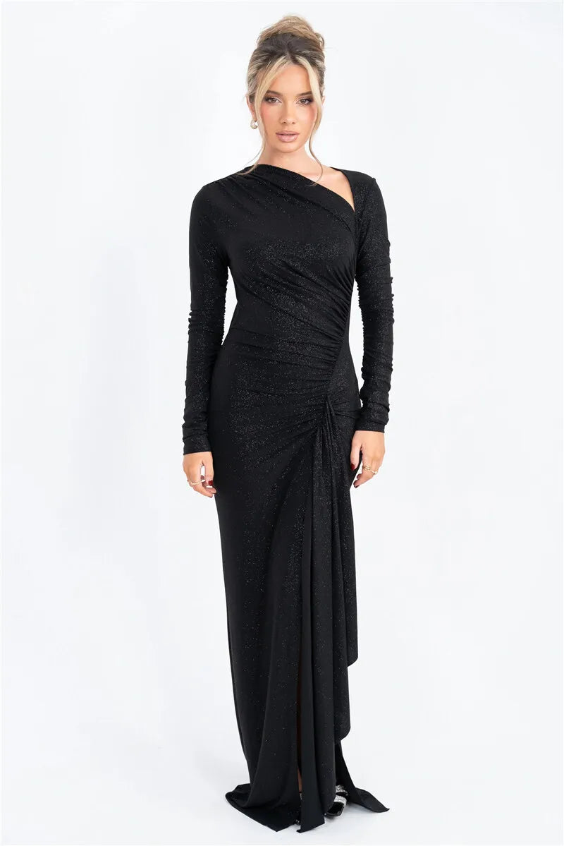 Long Sleeve Ruched Maxi Dress with Thigh - High Split