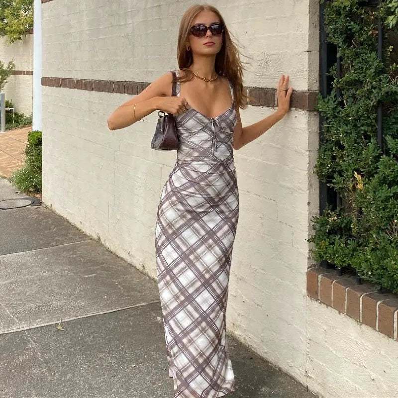 Plaid Vneck Backless Spaghetti Strap Slip Dress