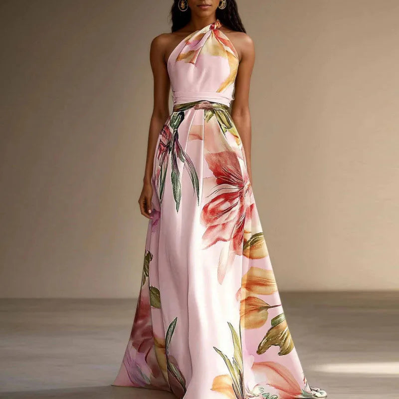 Floral Halter Neck Belted A-Line Maxi Dress 4