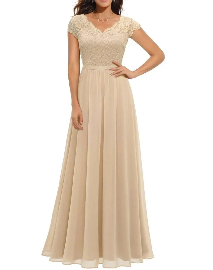 Lace V-Neck Chiffon A-Line Maxi Dress 2