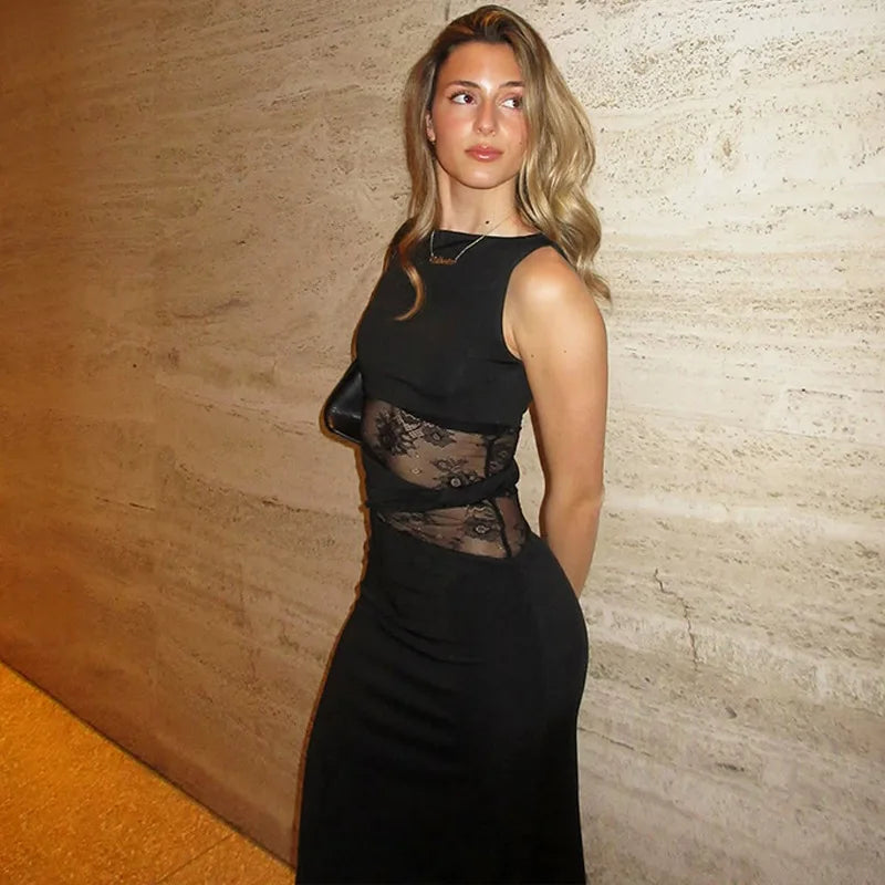 Asymmetric Neck Cap Sleeve Lace Waist Panel Bodycon Maxi Dress 18