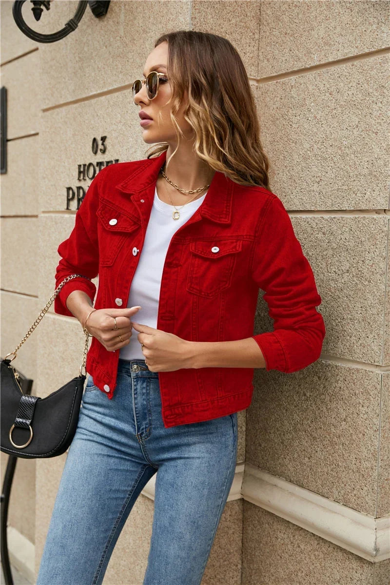 Button Front Long Sleeve Collared Denim Jacket