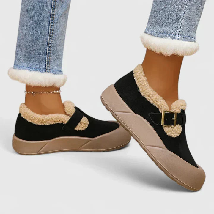 Faux Shearling Trim Buckle Strap Slip On Platform Clogs