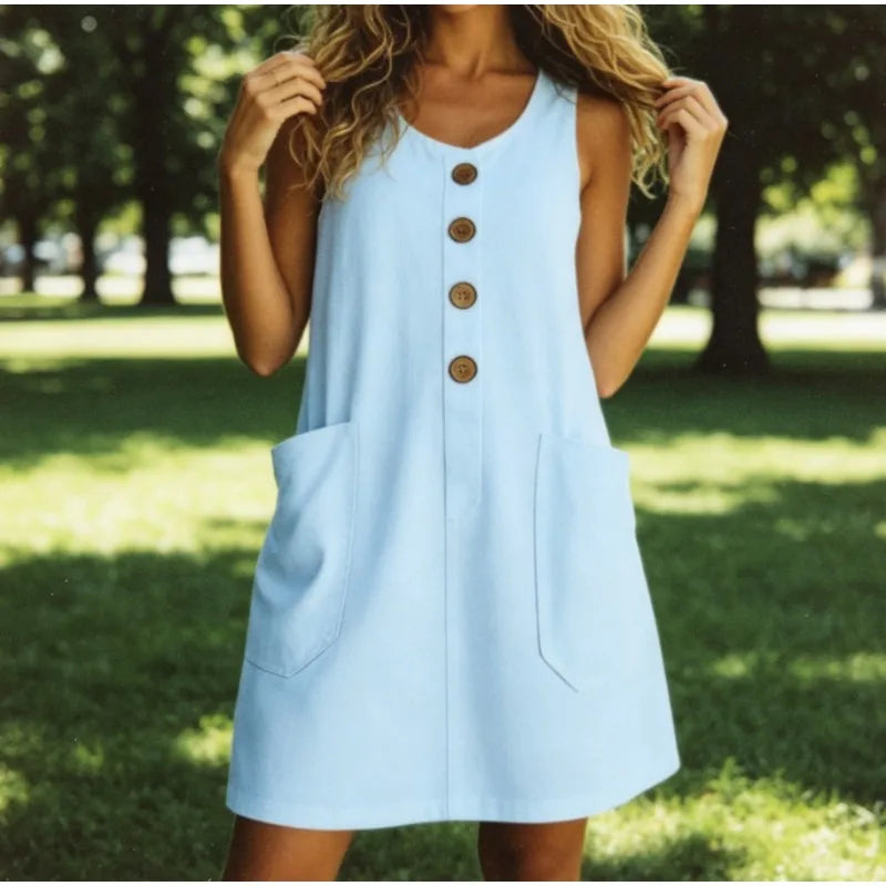 Scoop Neck Sleeveless Button Front Patch Pocket Mini Dress 5