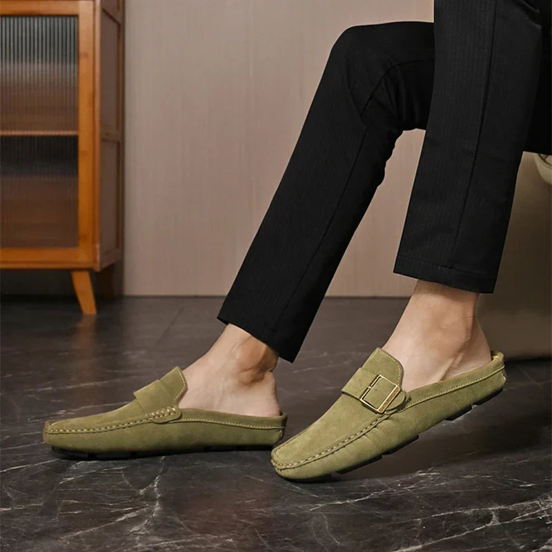 Suede Look Buckle Strap Backless Loafer Mules