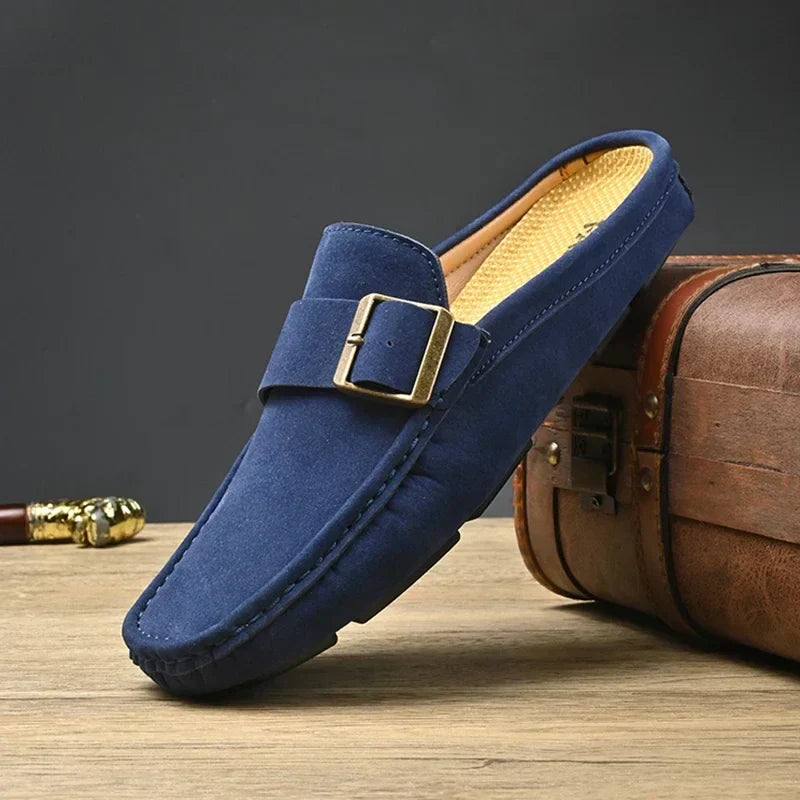 Suede-Look Buckle Backless Loafer Mules