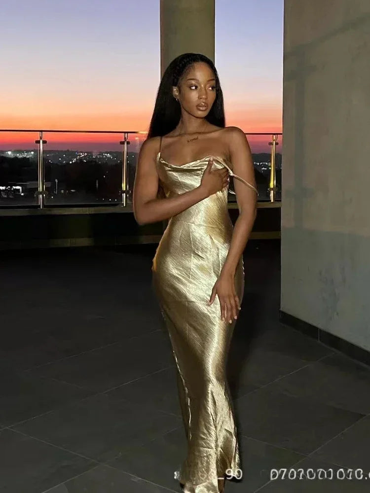 Metallic Satin Cowl Neck Spaghetti Strap Slip Maxi Dress