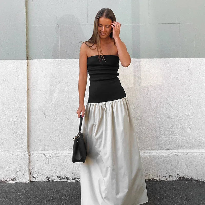 Strapless Colorblock Drop Waist Tube Maxi Dress 18