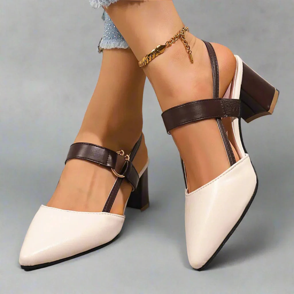 Pointed Toe Buckle Slingback Block Heel Pumps