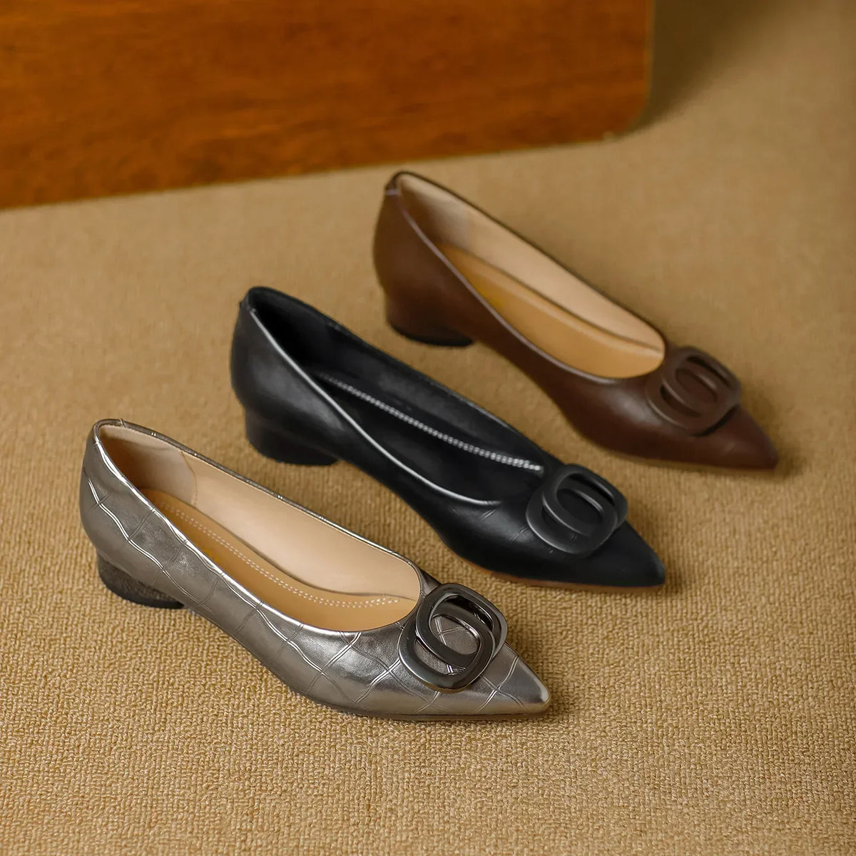 Pointed Toe Buckle Low Block Heel Pumps