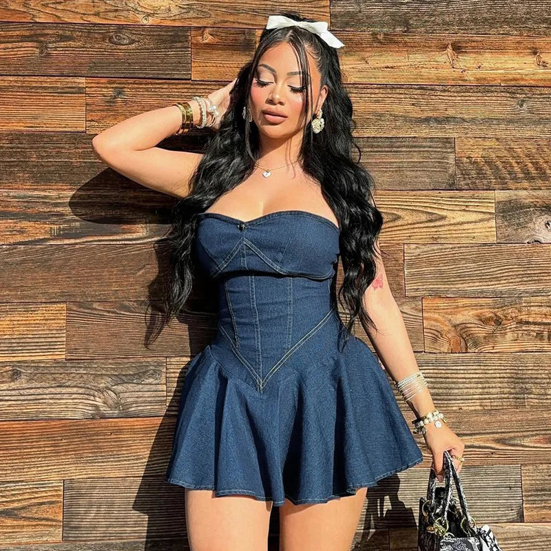 Strapless Denim Corset Sweetheart Pleated Ruffle Mini Dress