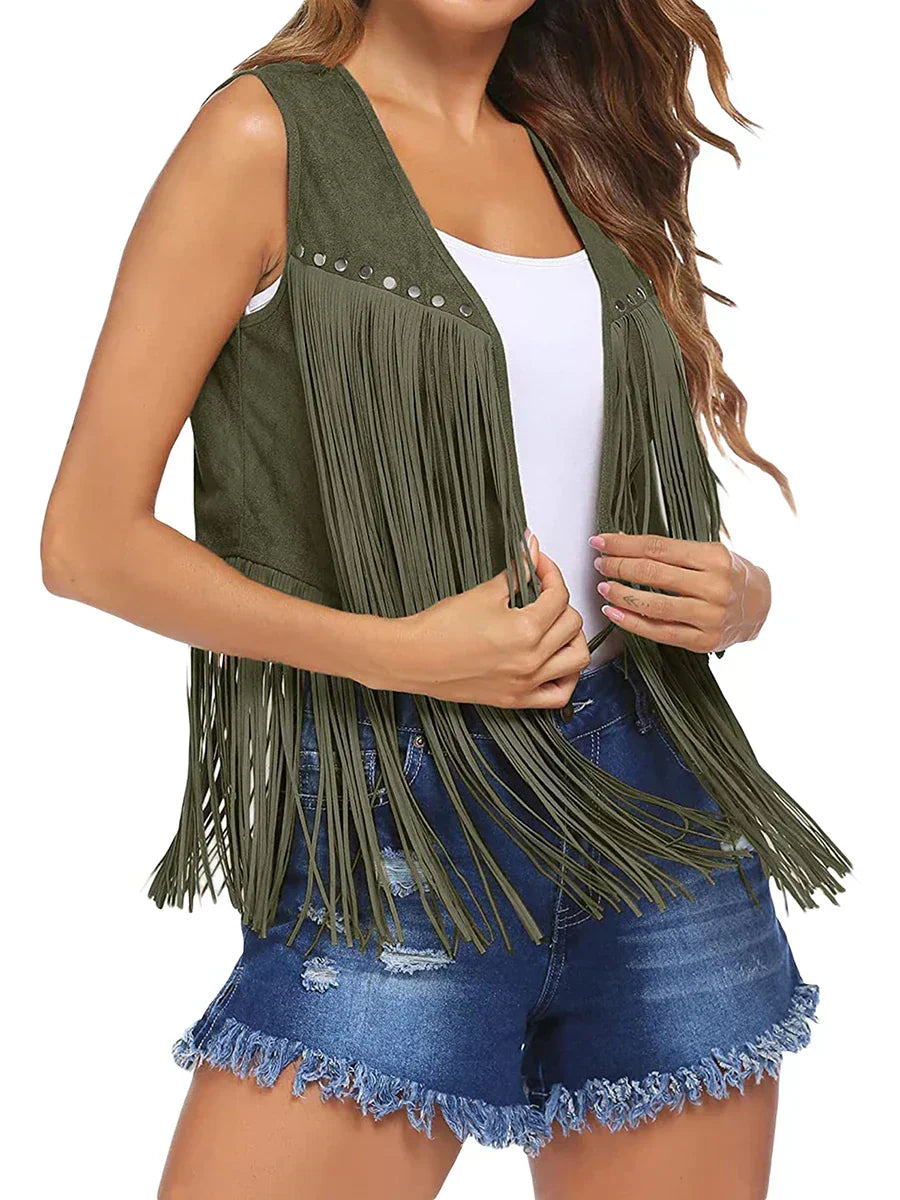 Fringe Suede Look Open Front Vest