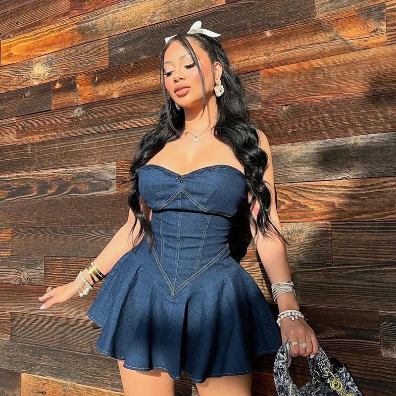 Strapless Denim Corset Sweetheart Pleated Ruffle Mini Dress