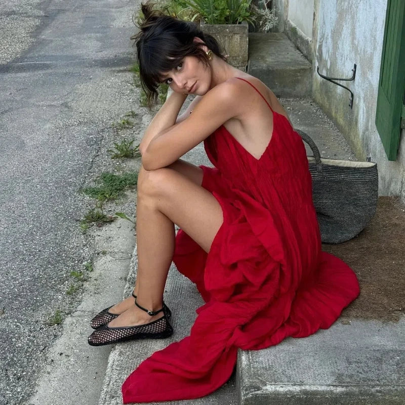 Pleated Deep Vneck Backless Slim Slip Dress