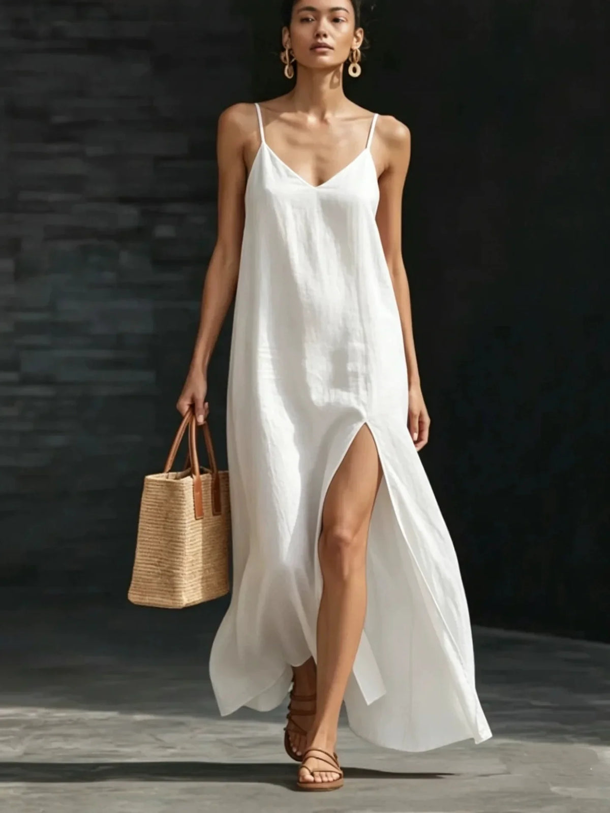 V-Neck Spaghetti Strap High Split Linen Look Maxi Dress
