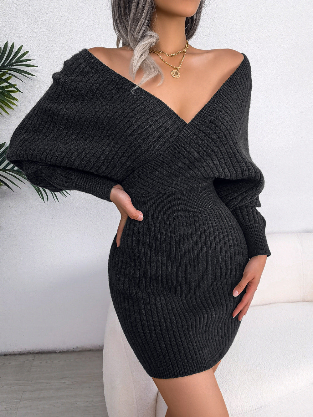 Knit Deep V-Neck Batwing Long Sleeve Bodycon Sweater Mini Dress