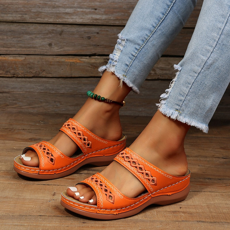 Peep Toe Cutout Double Band Wedge Slide Sandals