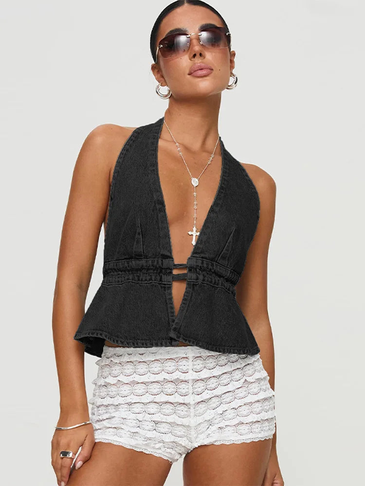 Denim Deep V-neck Backless Halter Lace-up Cami Top