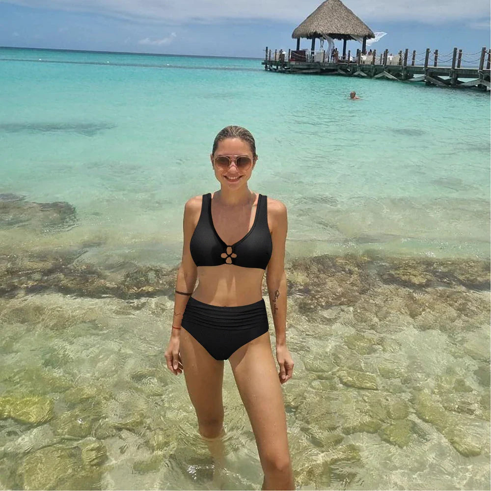 High Waist Solid Hollow Out Two Piece Swim Sets