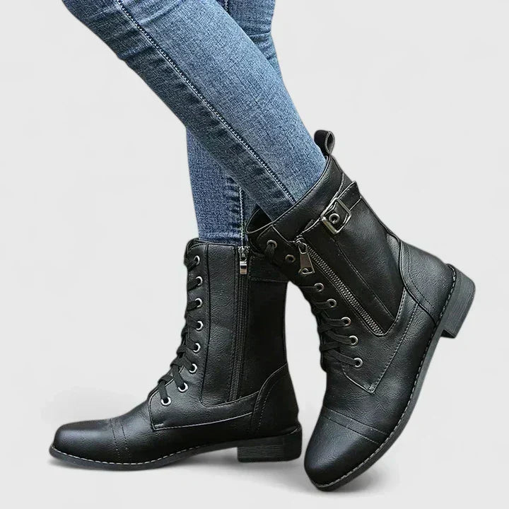 Lace Up Side Zip Mid Calf Combat Boots