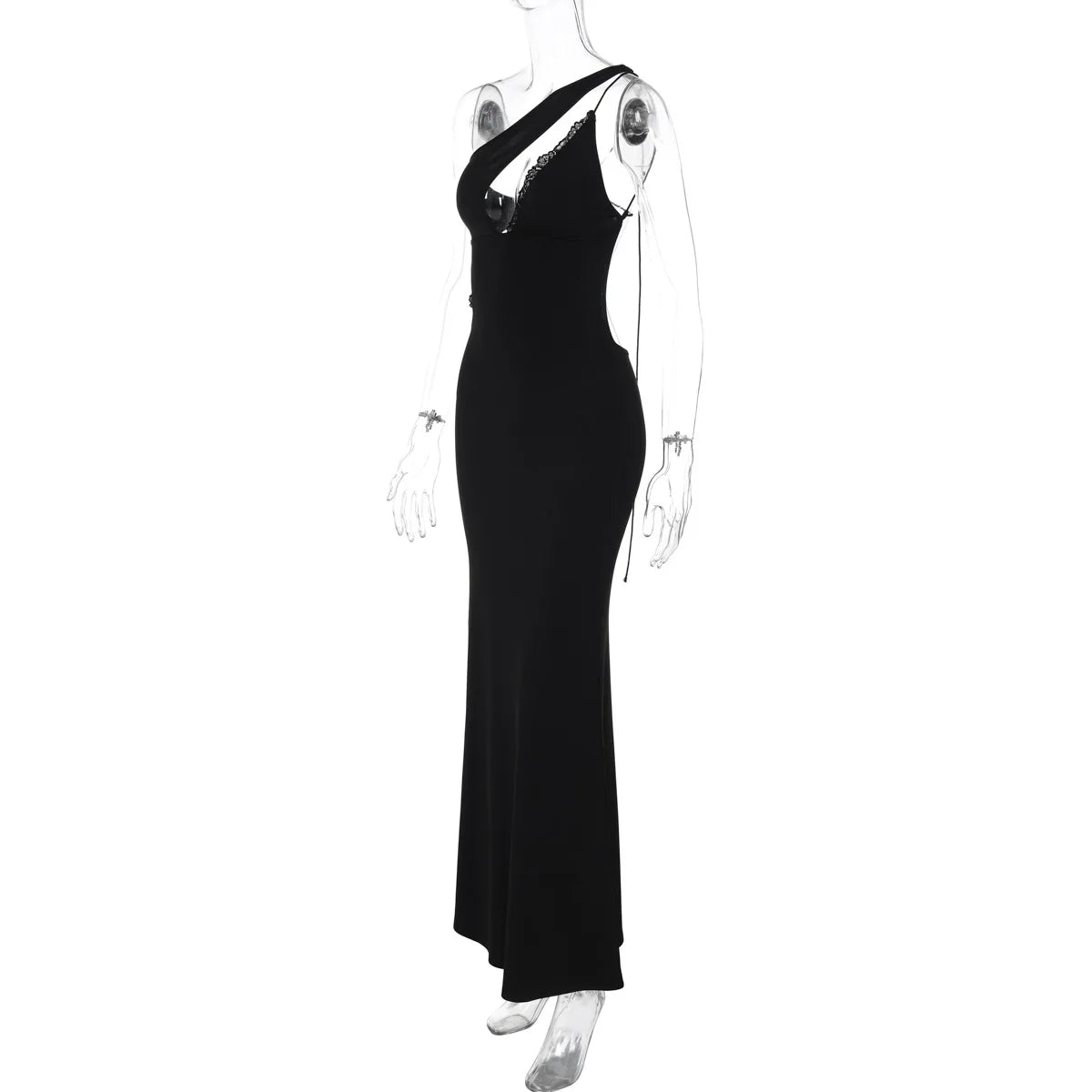 One Shoulder Keyhole Cut Out Lace Trim High Split Maxi Dress 9