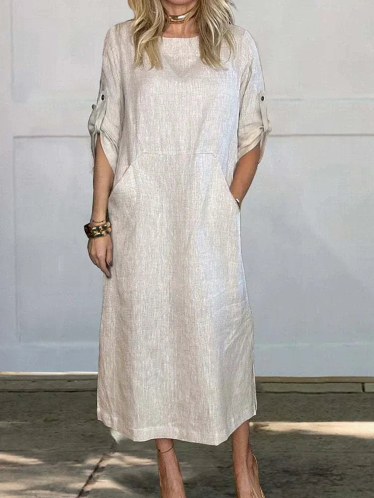 Crew Neck Short Sleeve Rolled Tab Pocket Shift Midi Summer Dress