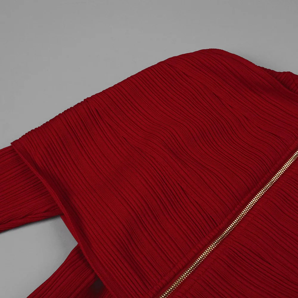 Red Bandage Turtle Neck Cross Design Long Dress