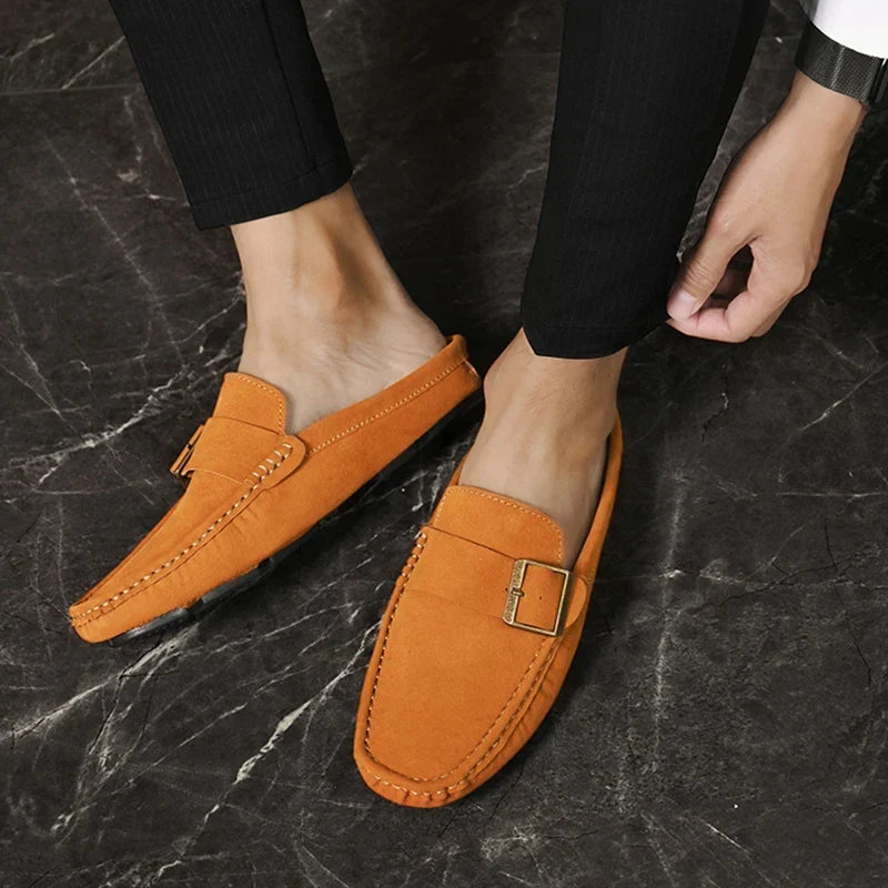 Suede Look Buckle Strap Backless Loafer Mules