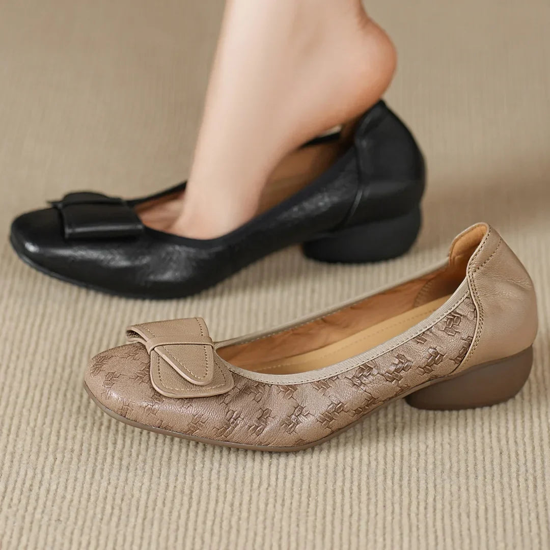 Textured Buckle Detail Low Block Heel Ballet Flats