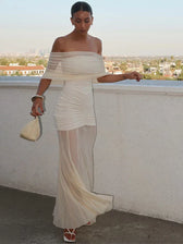 Patchwork Mesh Off Shoulder Midi Dress