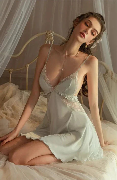 Satin Deep V-Neck Lace Trim Cut Out Slip Mini Dress