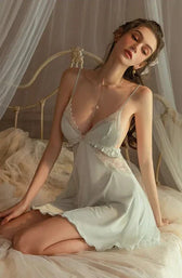 Satin Deep V-Neck Lace Trim Cut Out Slip Mini Dress