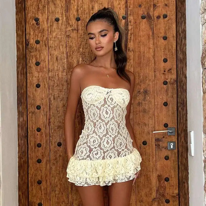 Strapless Sheer Floral Lace Tiered Ruffle Hem Bodycon Mini Dress